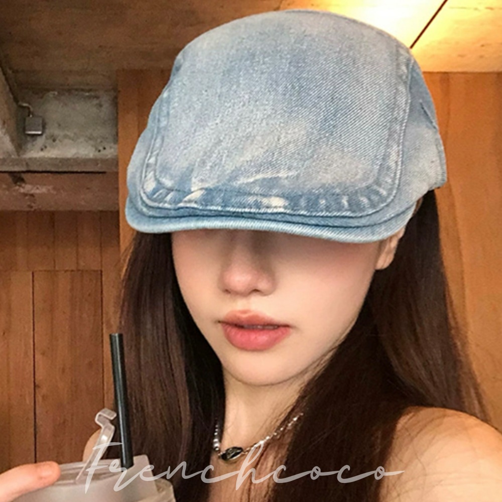 프렌치코코 데님 헌팅캡 워싱 청 절개 스냅 빈티지 뉴스보이캡 군모 모자 - 메인 이미지