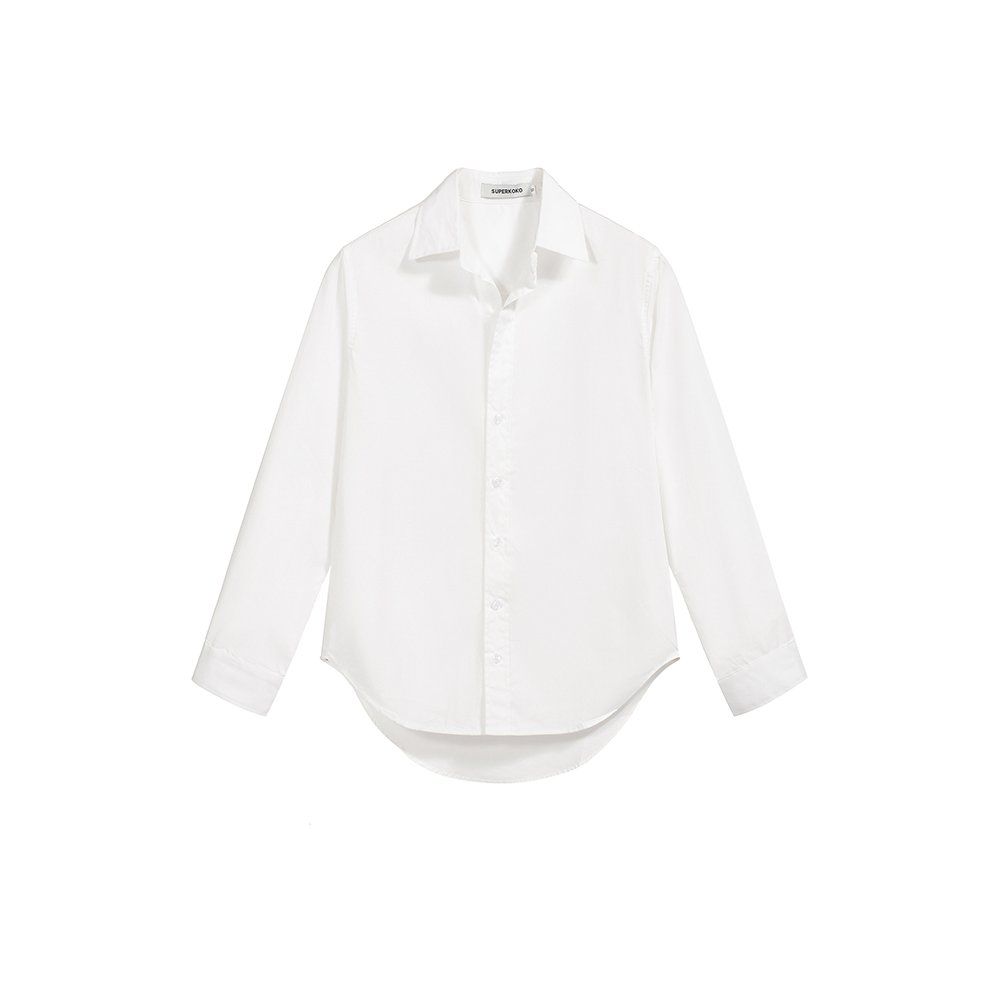 봄 가을 데일리 베이직 코튼 100 루즈핏 언발란스 카라 긴팔 셔츠 블라우스 화이트 - 상세 이미지 5