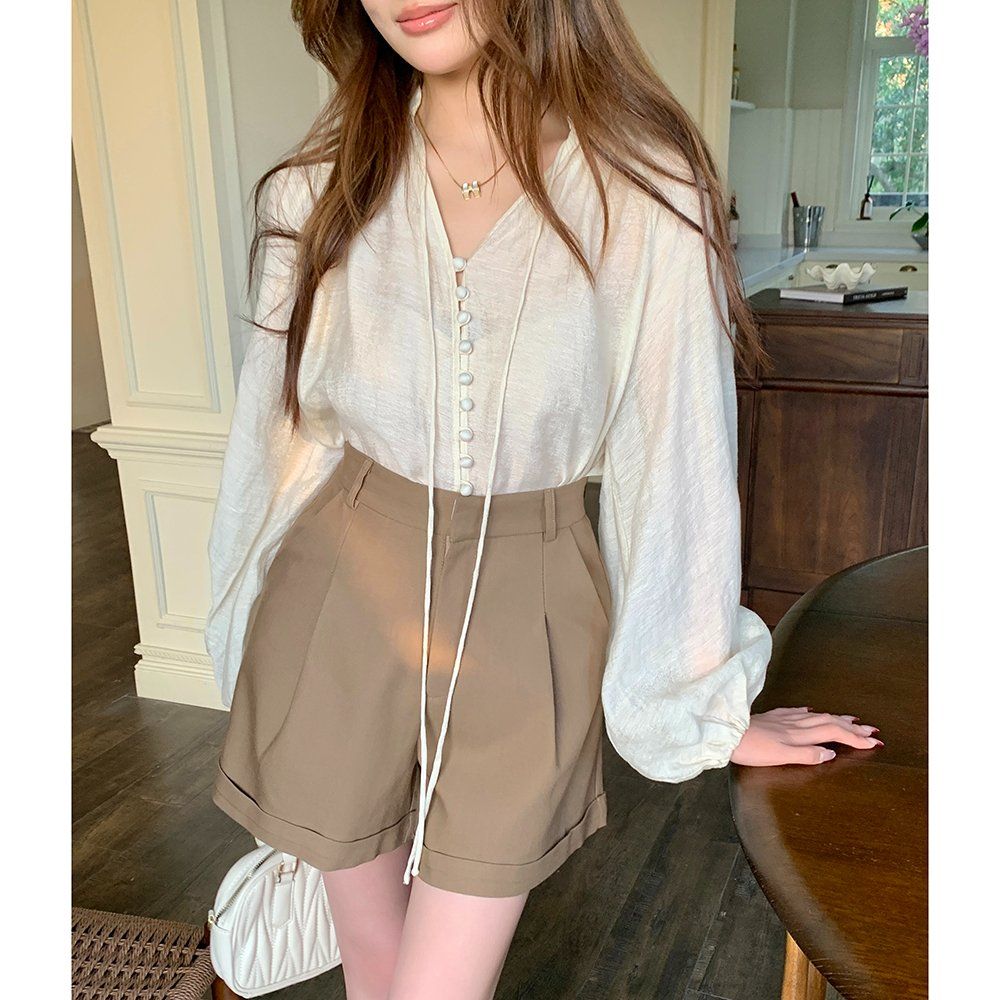 봄 가을 하이웨스트 핀턱 롤업 포켓 기본 베이직 숏 팬츠 반바지 카키 - 상품 이미지