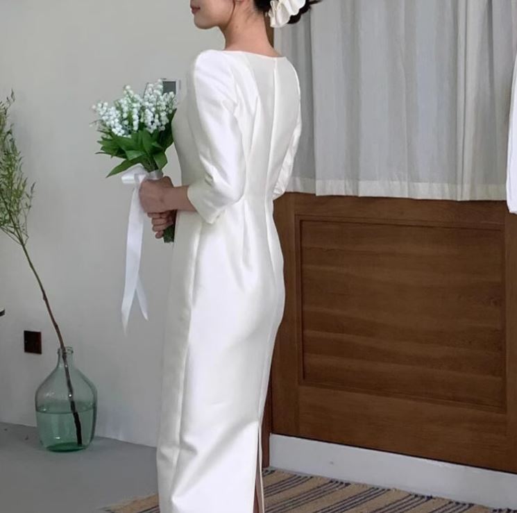 미니멀 새틴 웨딩드레스 스퀘어넥 7부소매 셀프웨딩 촬영 돌잔치드레스 - 상세 이미지 5