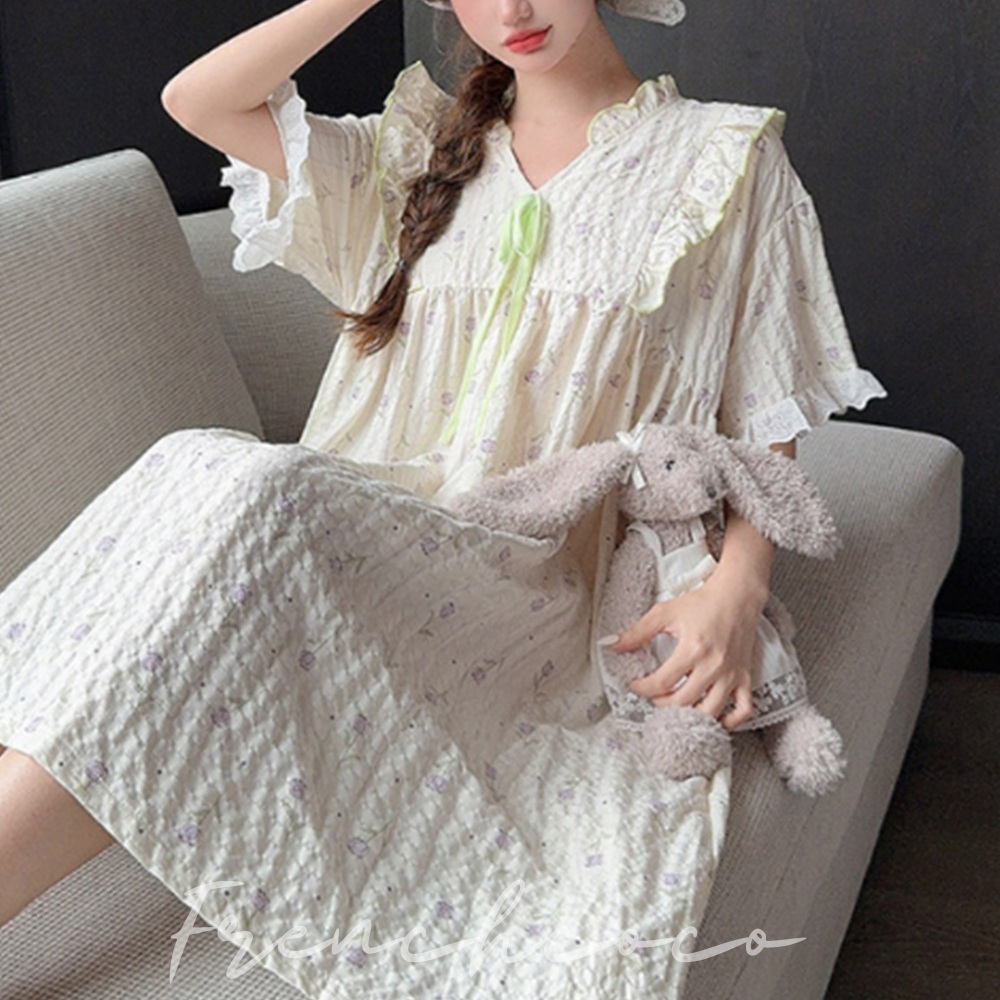 프렌치코코 플라워 원피스 반팔 파자마 봄 여름 잠옷 홈웨어 - 메인 이미지