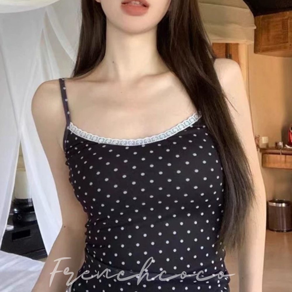 프렌치코코 도트 레이스 캡나시 브라탑 브라렛 레이어드 노와이어 이너 땡땡이 민소매 끈나시 - 메인 이미지