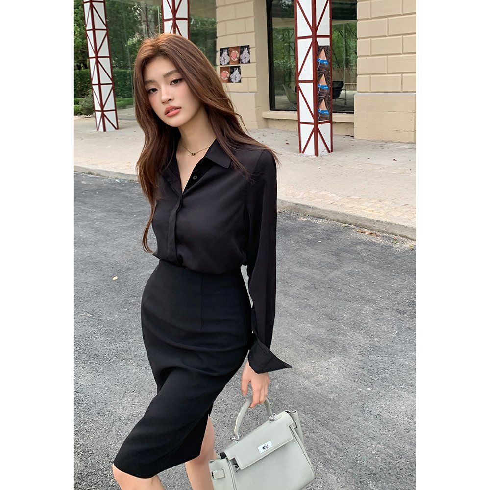 봄 가을 오피스룩 기본 베이직 H라인 뒷트임 슬릿 미디 스판 스커트 블랙 - 상세 이미지 3