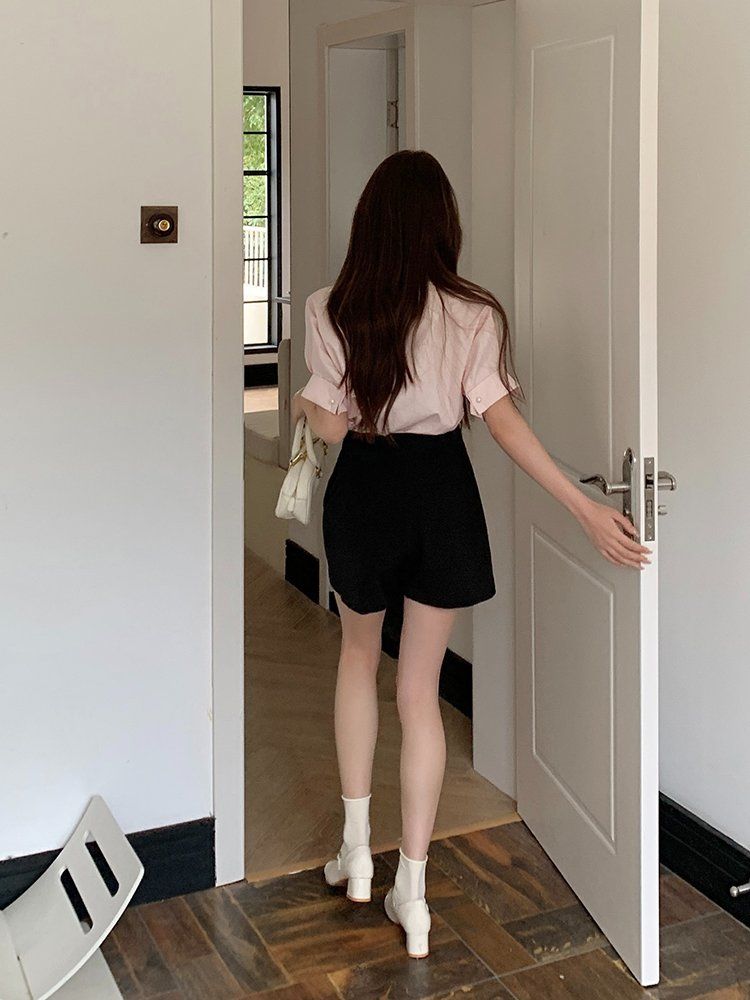 봄 여름 하이웨스트 랩스타일 버튼 스판 미니 치마바지 큐롯팬츠 블랙 - 상세 이미지 4
