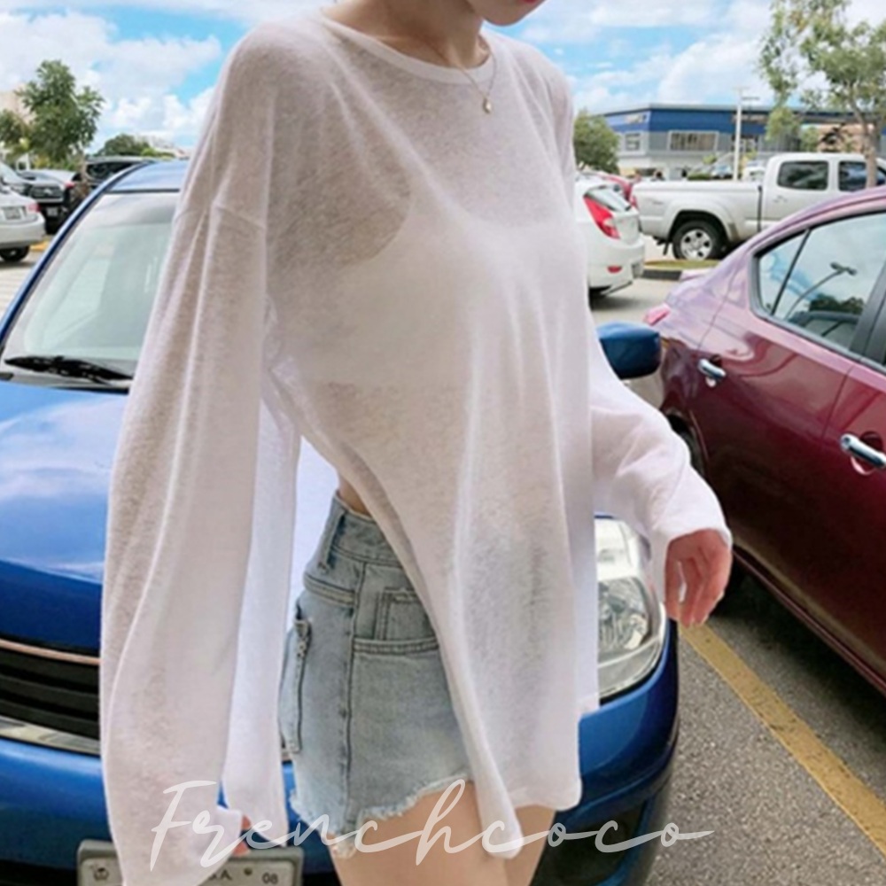 프렌치코코 시스루 티셔츠 오버핏 옆트임 바캉스 비치웨어 커버업 긴티셔츠 - 상품 이미지