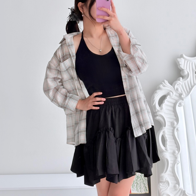 여성 오버핏 체크 시스루 여름 셔츠 이미지 6