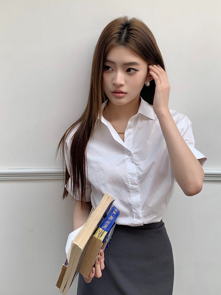 봄 여름 베이직 카라 반팔 코튼 셔츠 블라우스 루즈핏 핑크 화이트 - 상세 이미지 4