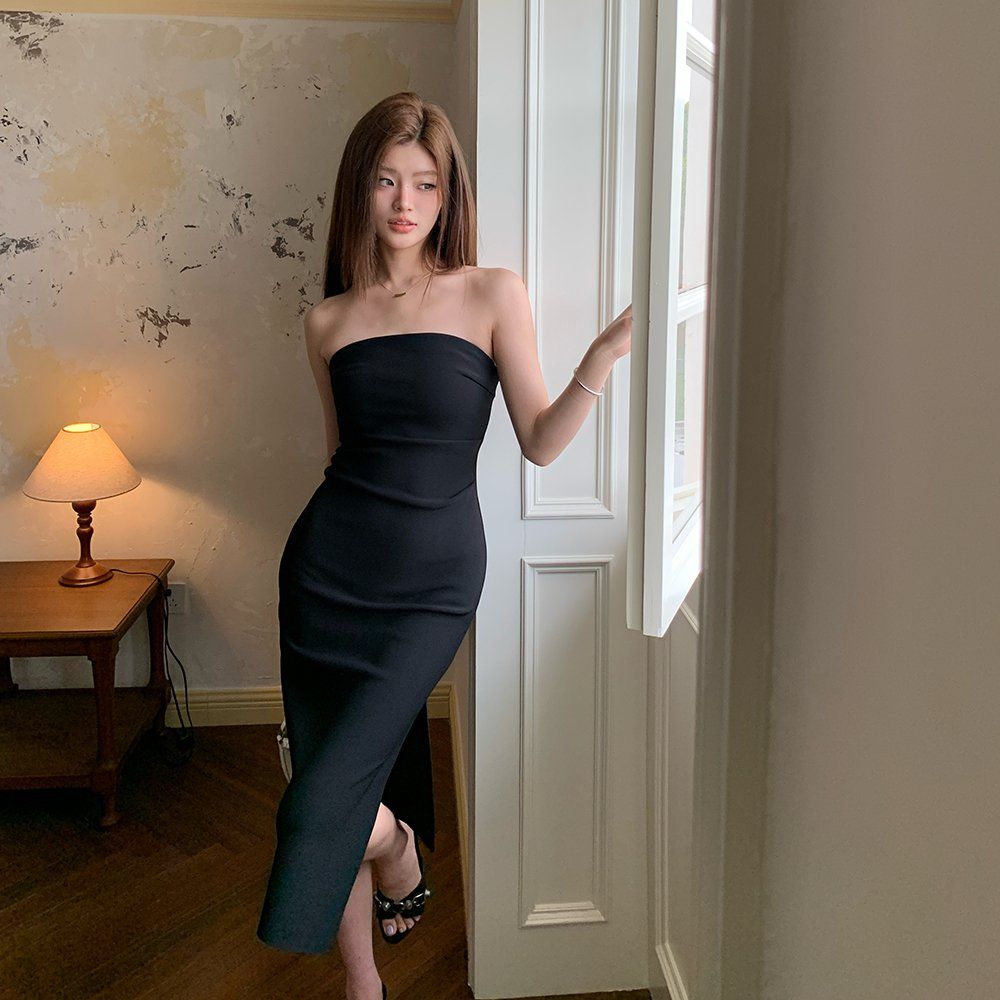 봄 여름 섹시 슬림핏 튜브탑 백리스 셔링 슬릿 미디 롱 원피스 블랙 - 상품 이미지