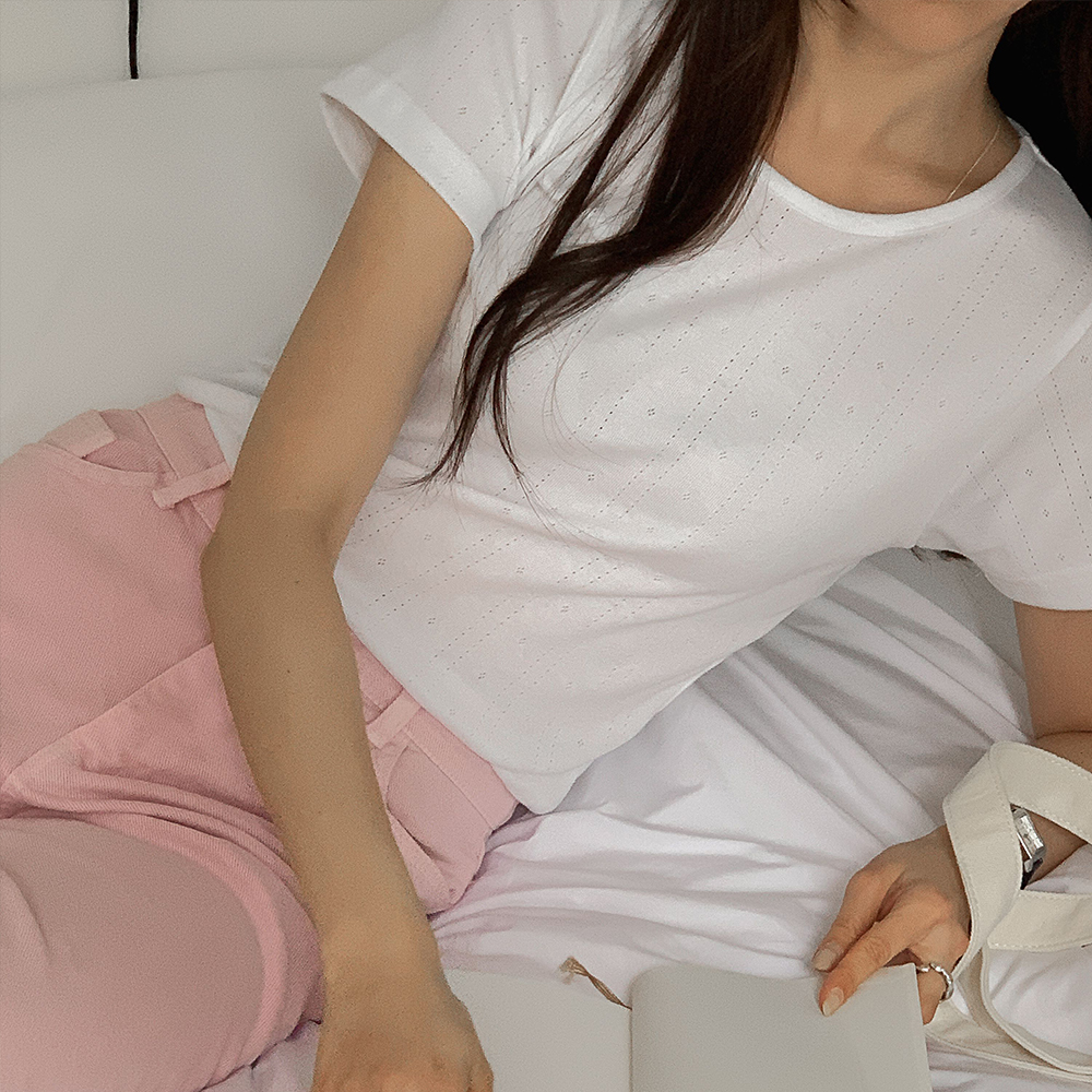 잔꽃무늬 썸머 펀칭 줄무늬티셔츠 아일렛 크롭 발레코어룩 - 상세 이미지 4