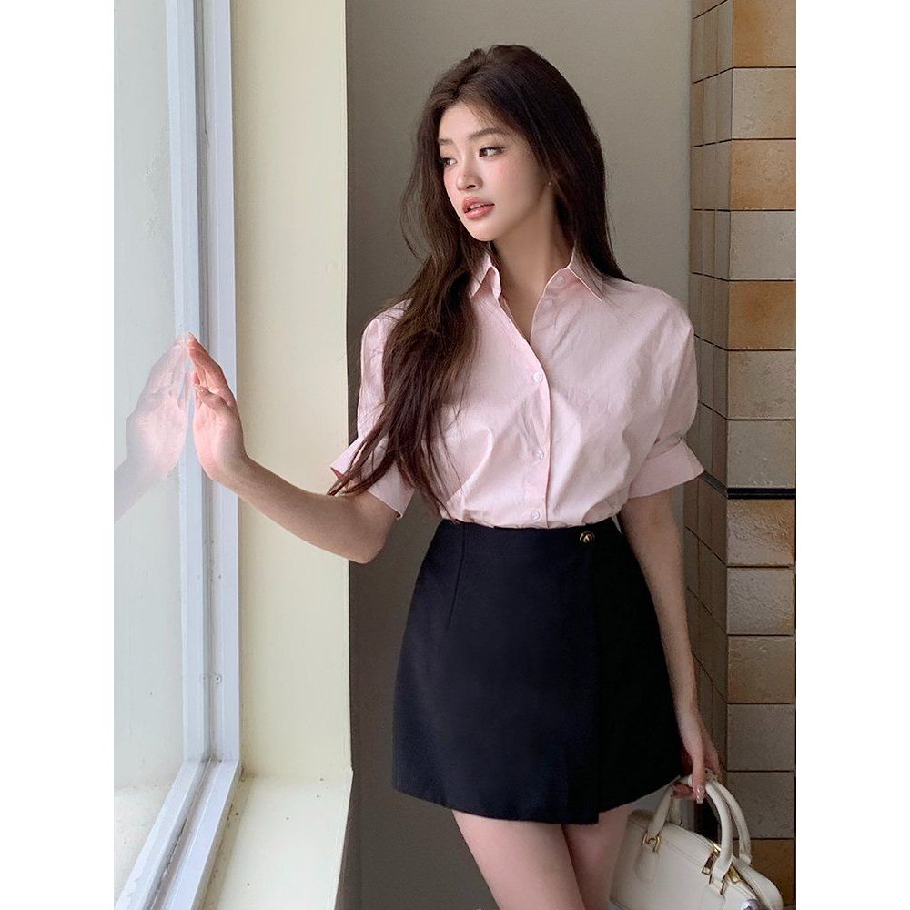 봄 여름 베이직 카라 반팔 코튼 셔츠 블라우스 루즈핏 핑크 화이트 - 상품 이미지