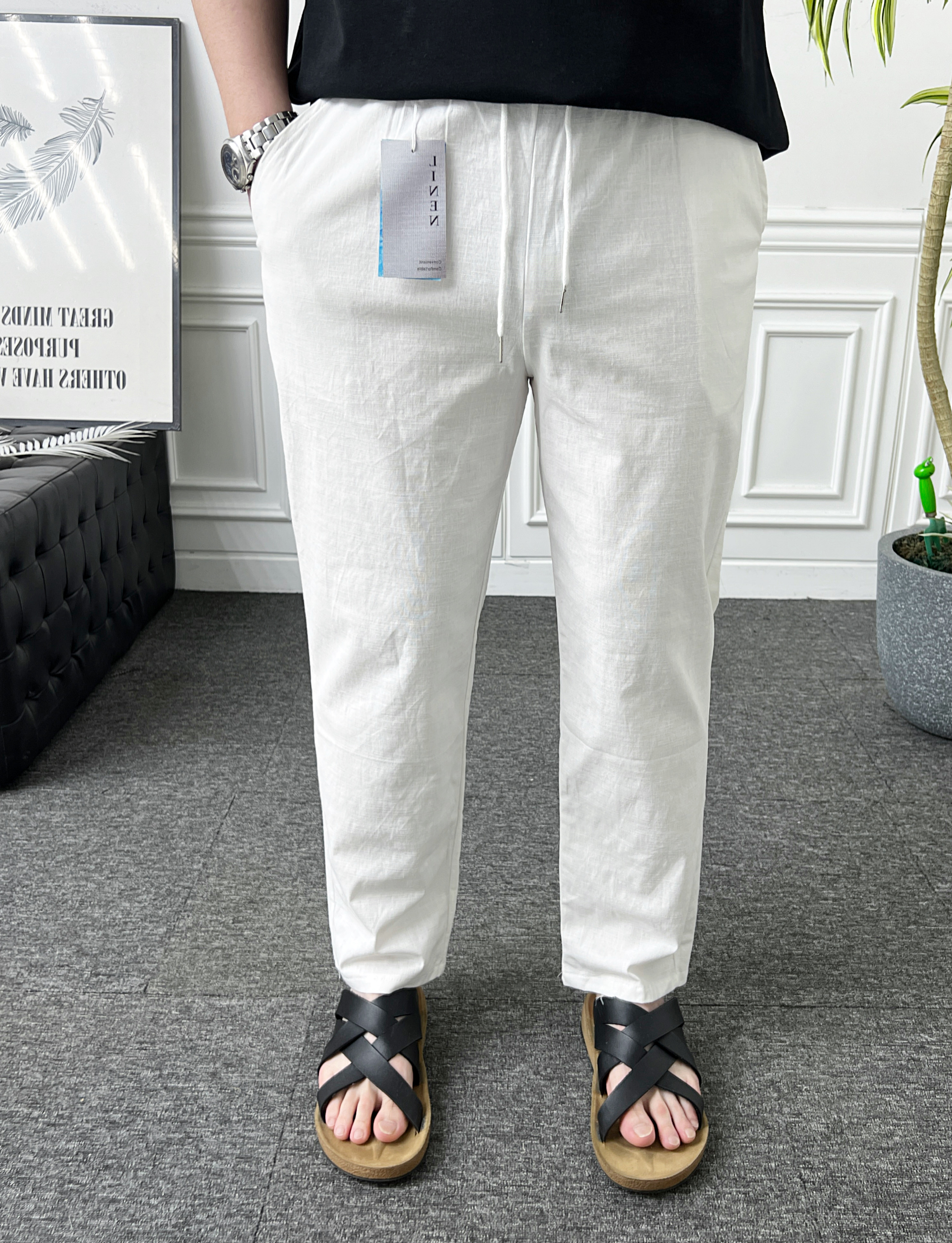 남자 린넨팬츠 밴딩 스판 테이퍼드핏 마 여름바지 - 상세 이미지 2