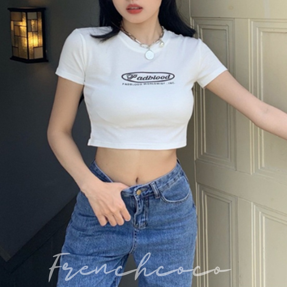 프렌치코코 레터링 여성 크롭 반팔 티셔츠 배꼽티 딱붙는크롭티 - 상품 이미지