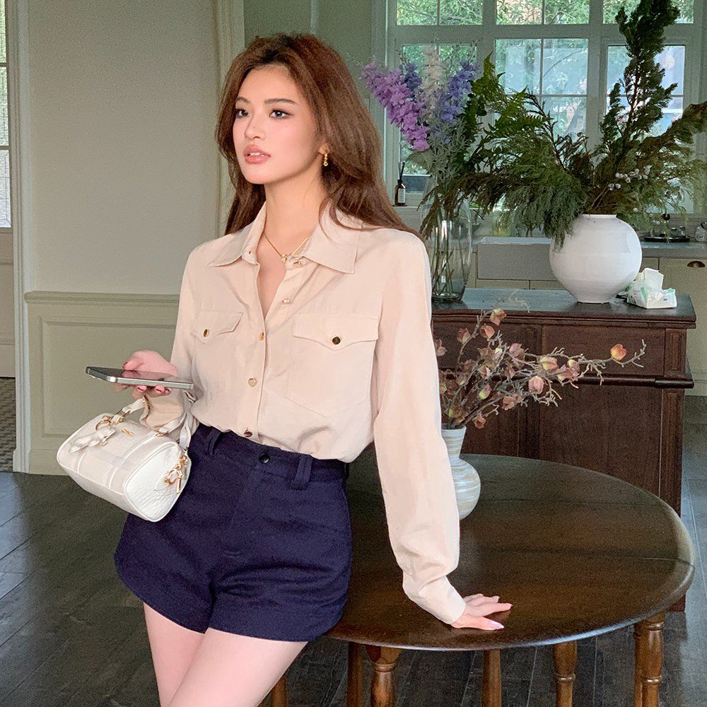봄 가을 데일리 코튼 레이온 투포켓 카라 긴팔 셔츠 아이보리 - 상세 이미지 4