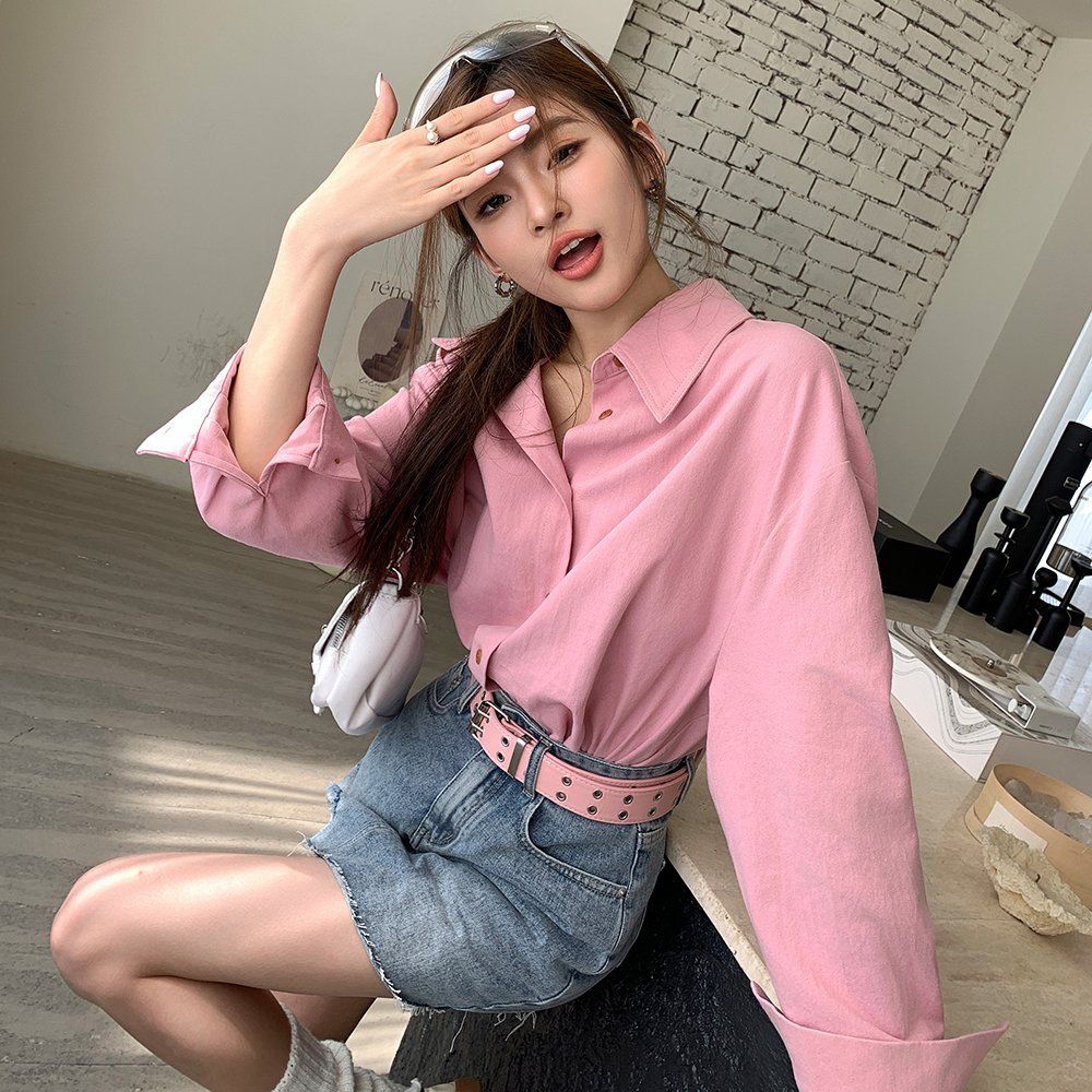 봄 가을 여자 데일리 오버핏 루즈핏 드롭숄더 베이직 코튼 긴팔 셔츠 핑크 - 상세 이미지 5