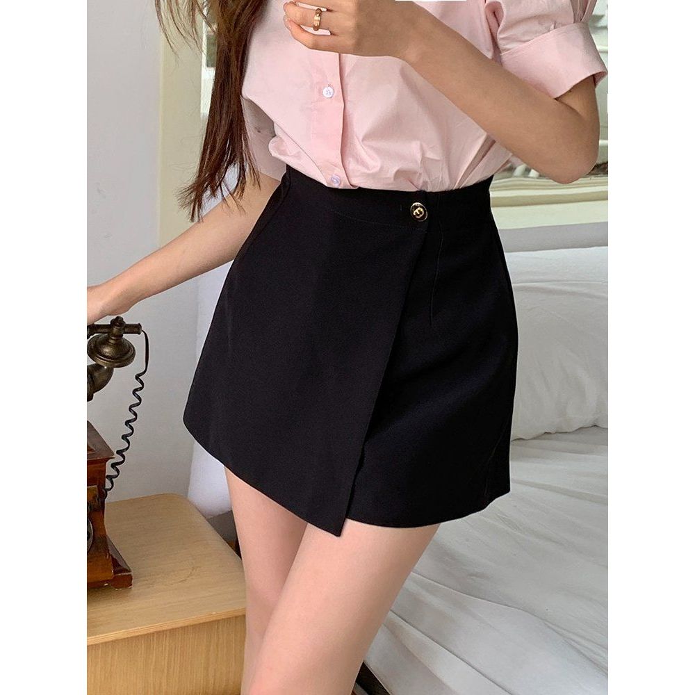 봄 여름 하이웨스트 랩스타일 버튼 스판 미니 치마바지 큐롯팬츠 블랙