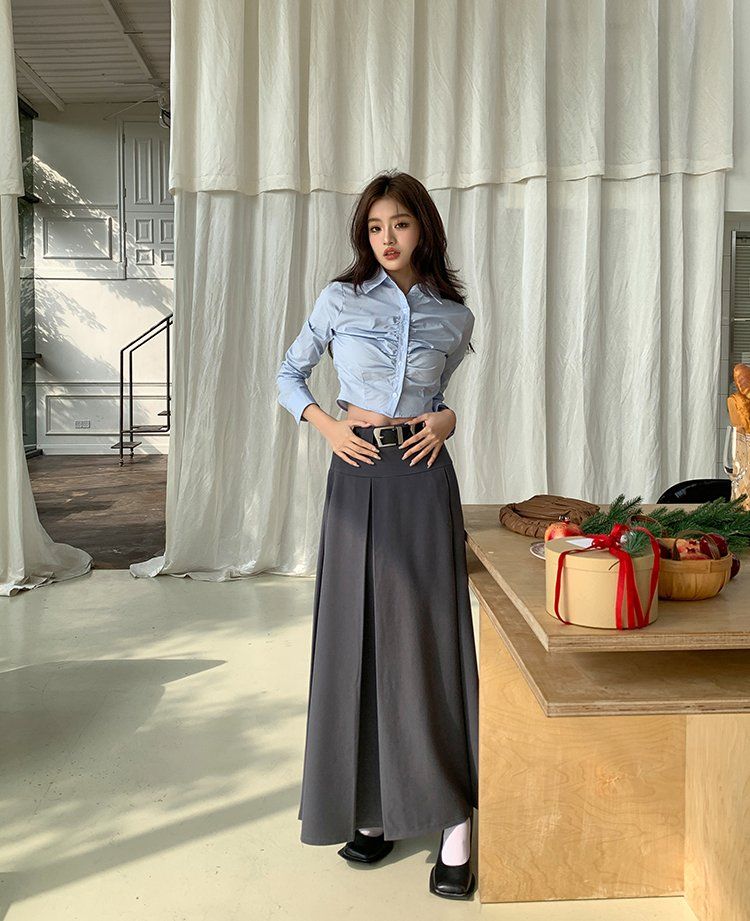 봄 가을 심플 베이직 하이웨스트 플리츠 A라인 롱 스커트 오피스룩 차콜 - 상세 이미지 3