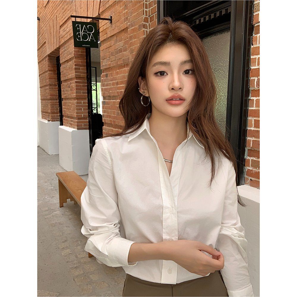 봄 가을 데일리 베이직 코튼 100 루즈핏 언발란스 카라 긴팔 셔츠 블라우스 화이트 - 상세 이미지 3