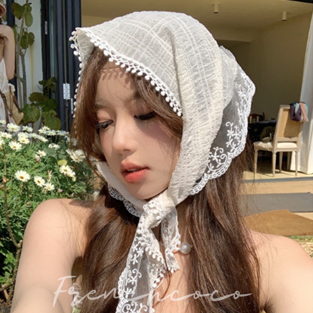 프렌치코코 프렌치 레이스 헤어스카프 머리스카프 쁘띠 꽃자수 플라워 레이스 - 상품 이미지