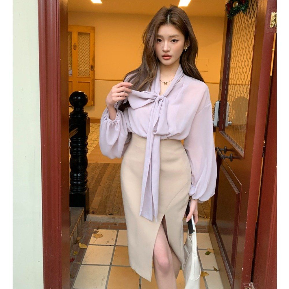 봄 가을 하이웨이스트 앞트임 슬릿 언발란스 H라인 미디 스커트 아이보리 - 상품 이미지
