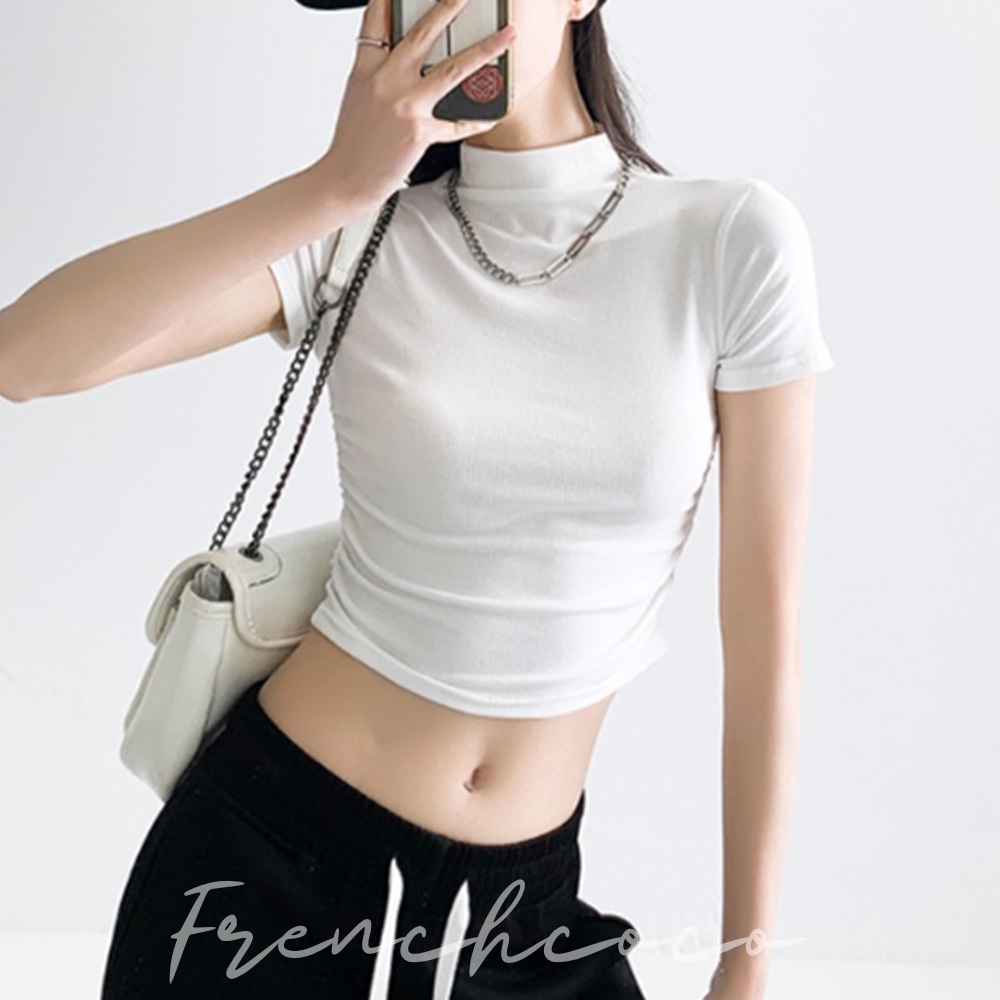 프렌치코코 크롭 반팔 목티 크롭티 여성면티 이너티셔츠 코듀로이 슬림핏 - 상품 이미지