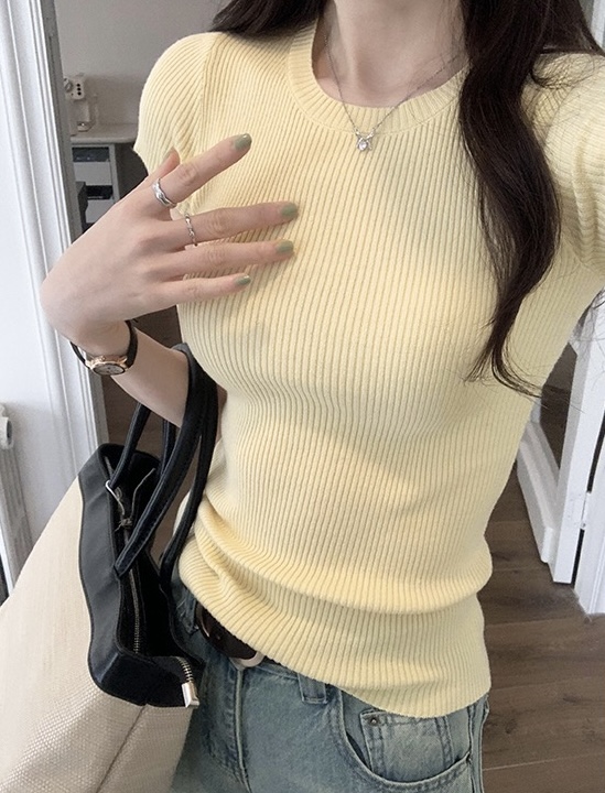 앤드리 여성 라운드넥 슬림 레이어드 골지 여름 기본 반팔 티셔츠 - 상세 이미지 4