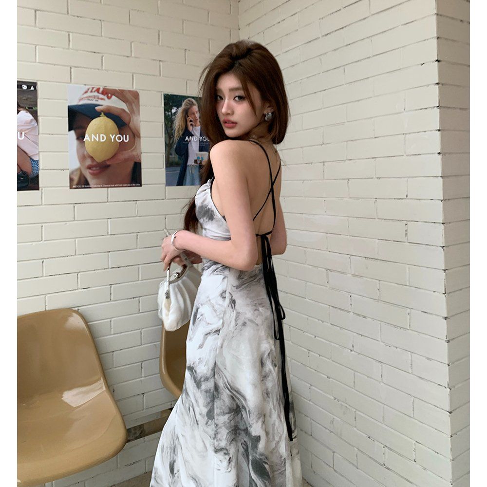 봄 여름 마블 프린트 백리스 엑스자 끈 슬리브리스 롱 원피스 맥시 드레스 그레이 - 상세 이미지 2