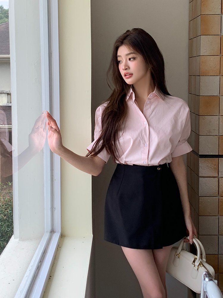 봄 여름 하이웨스트 랩스타일 버튼 스판 미니 치마바지 큐롯팬츠 블랙 - 상세 이미지 2