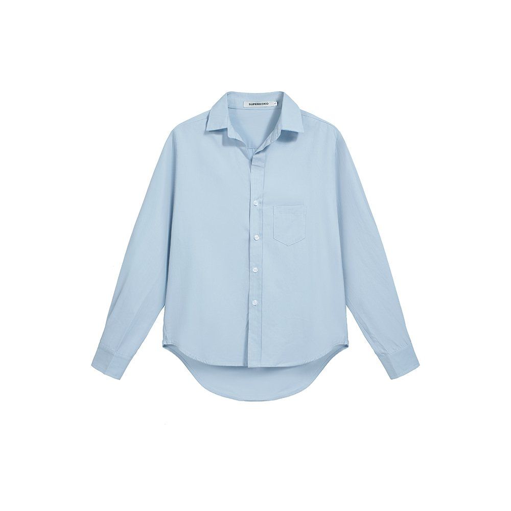 봄 가을 데일리 베이직 카라 긴팔 루즈핏 언발란스 코튼 셔츠 블라우스 스카이블루 - 상세 이미지 5