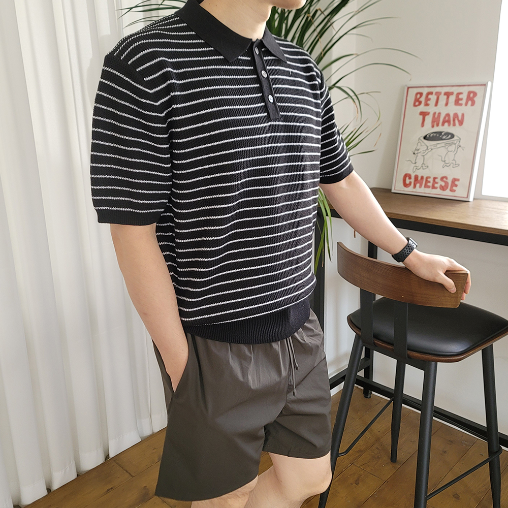 남자 남성 도톰한 스트라이프 와플 카라티 반팔 카라 니트 티셔츠 4컬러 D010 이미지 7