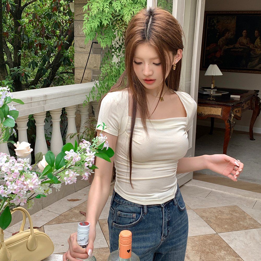 봄 여름 스퀘어넥 셔링 드레이프 반팔 모달 스판 슬림핏 티셔츠 아이보리 - 상세 이미지 2