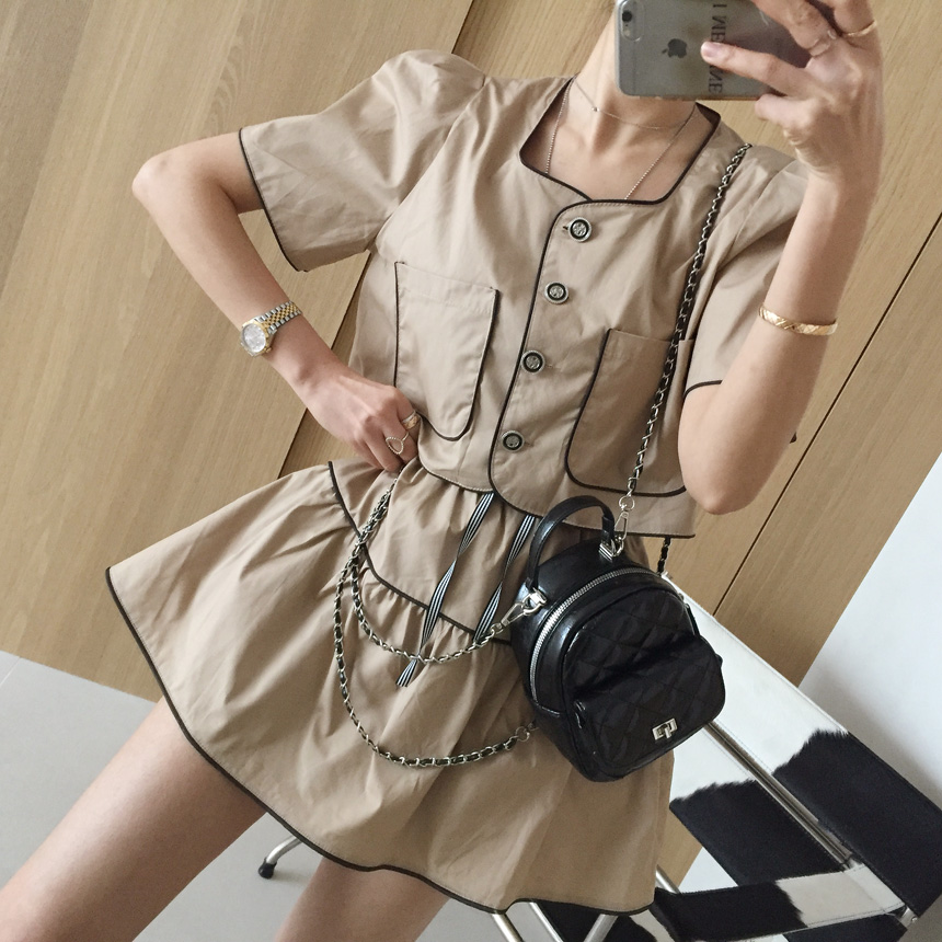 반디 스퀘어넥 배색 라인띠 어깨패드 퍼프 크롭 반팔자켓 플레어 밴딩 A라인 미니스커트 여름 투피스세트 (3color) 상세 이미지 2