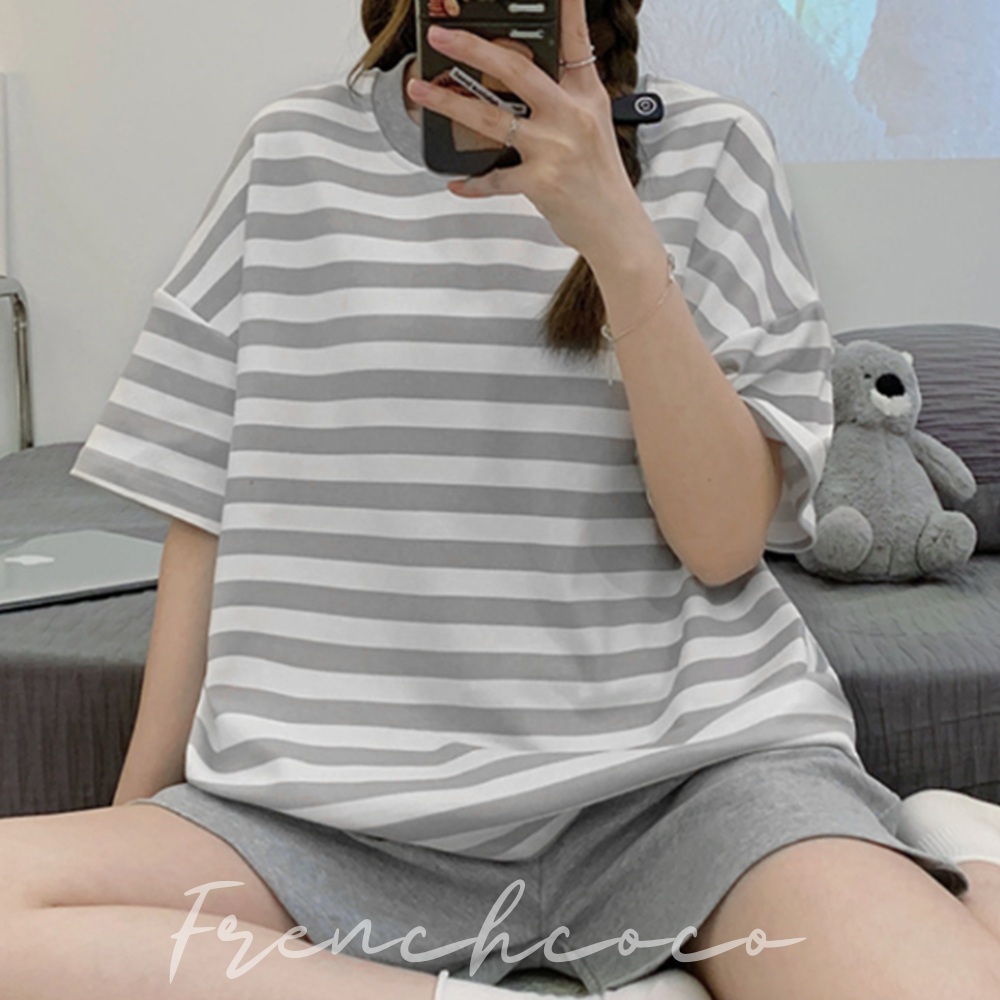 프렌치코코 단가라 반팔 파자마 상하세트 봄 여름 가을 잠옷 홈웨어 여성파자마 트레이닝 세트 - 상품 이미지