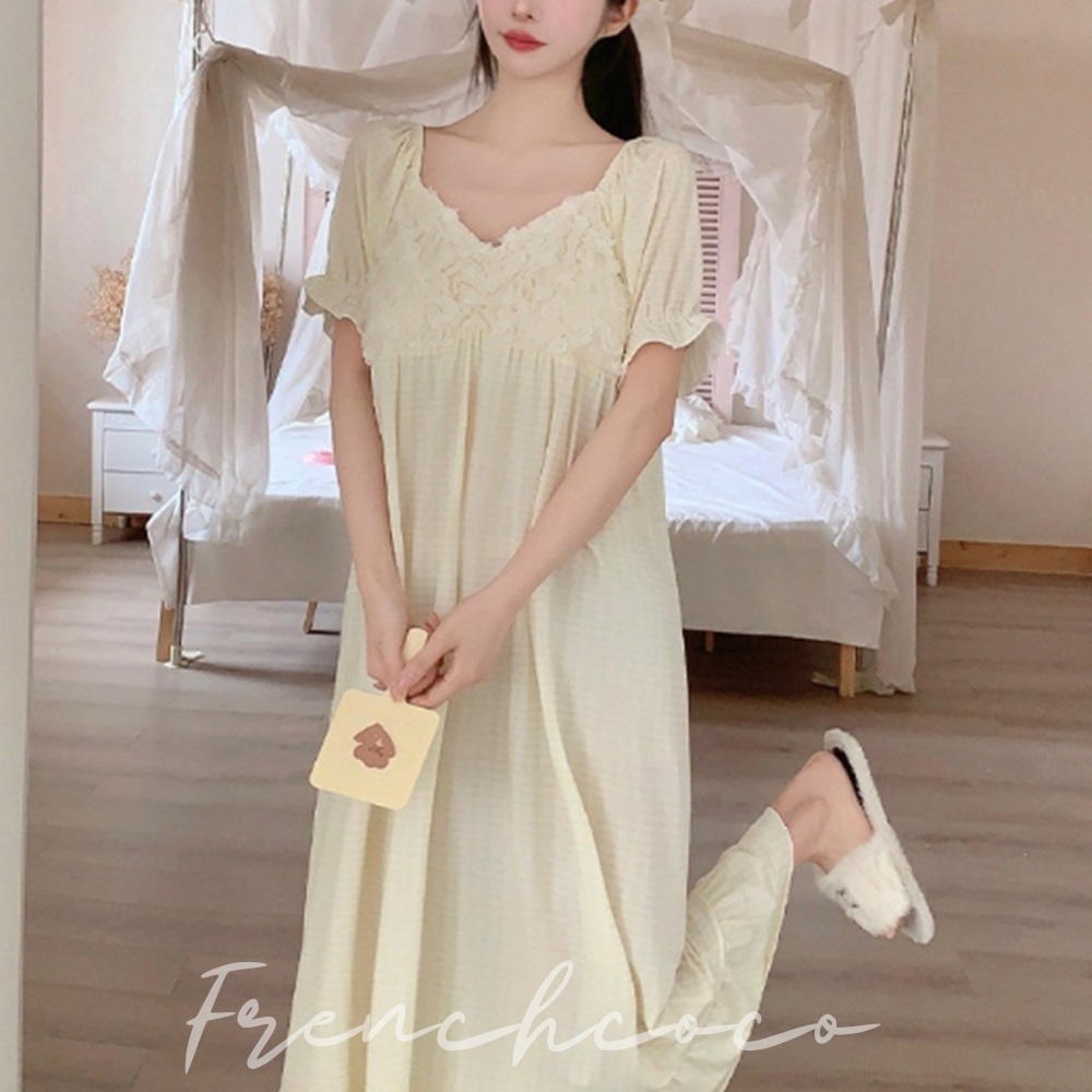 프렌치코코 여름 체크 반팔 파자마 상하세트 원피스 캡내장 잠옷 프릴 공주풍 - 상품 이미지