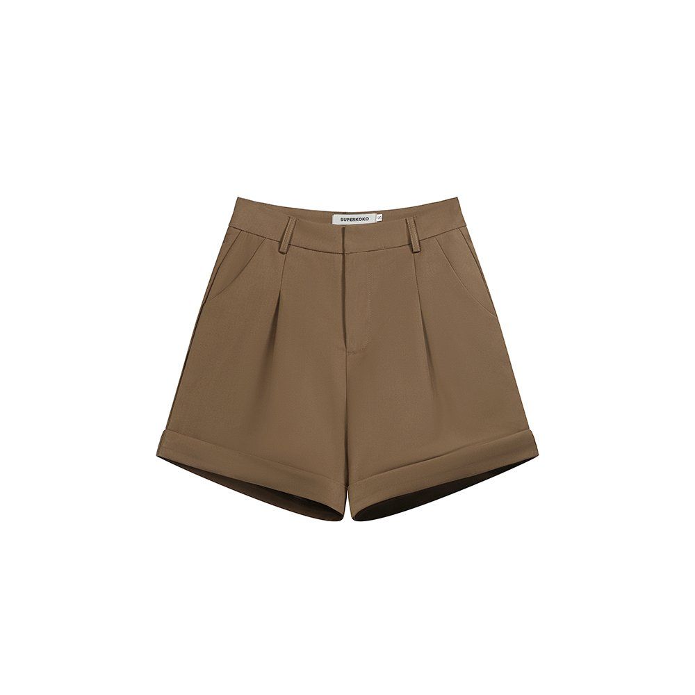 봄 가을 하이웨스트 핀턱 롤업 포켓 기본 베이직 숏 팬츠 반바지 카키 - 상세 이미지 5