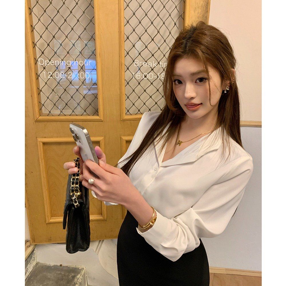 봄 가을 오피스룩 브이넥 오픈카라 스판 긴팔 셔츠 블라우스 기본 베이직 화이트 - 상세 이미지 2