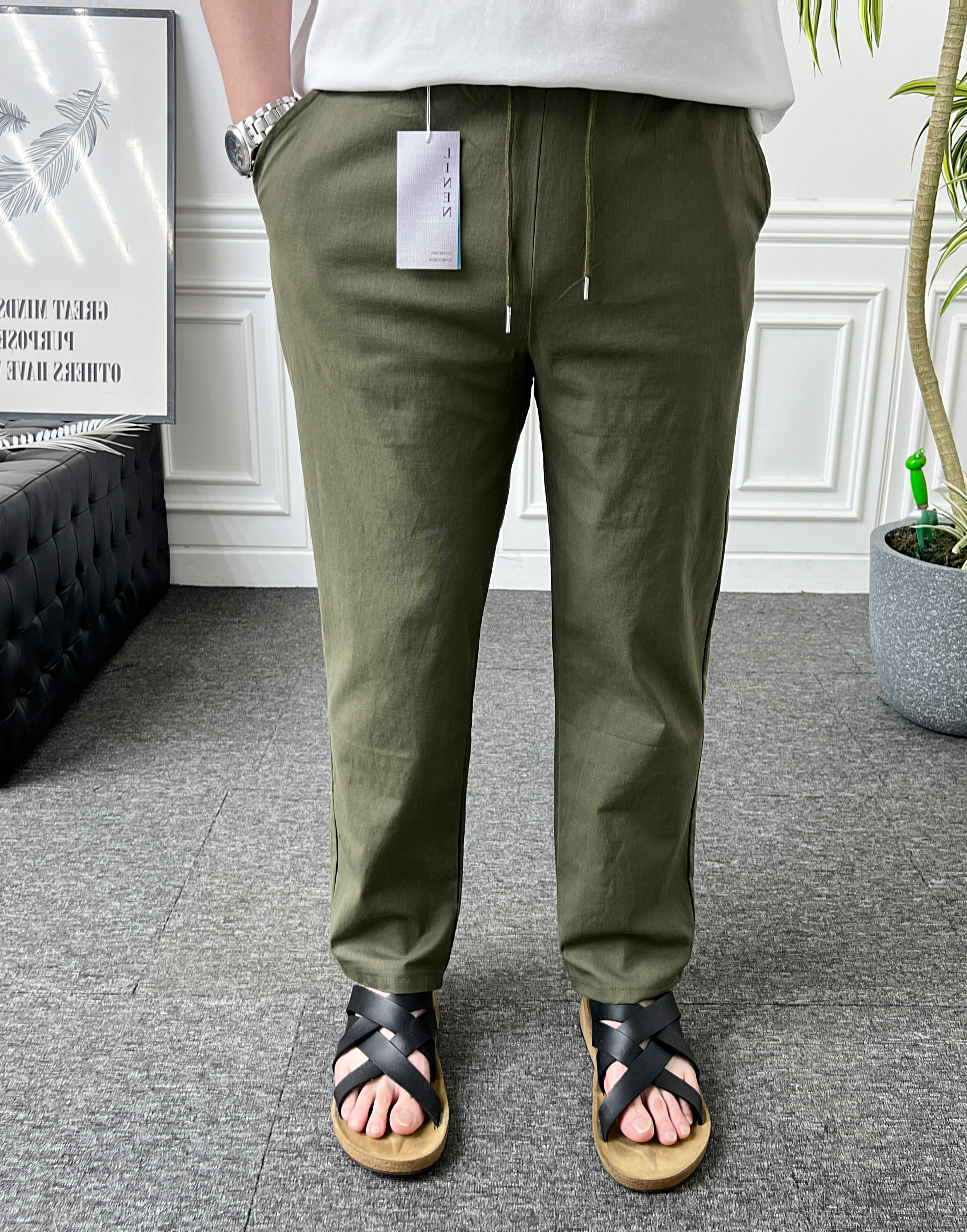 남자 린넨팬츠 밴딩 스판 테이퍼드핏 마 여름바지 - 상세 이미지 3