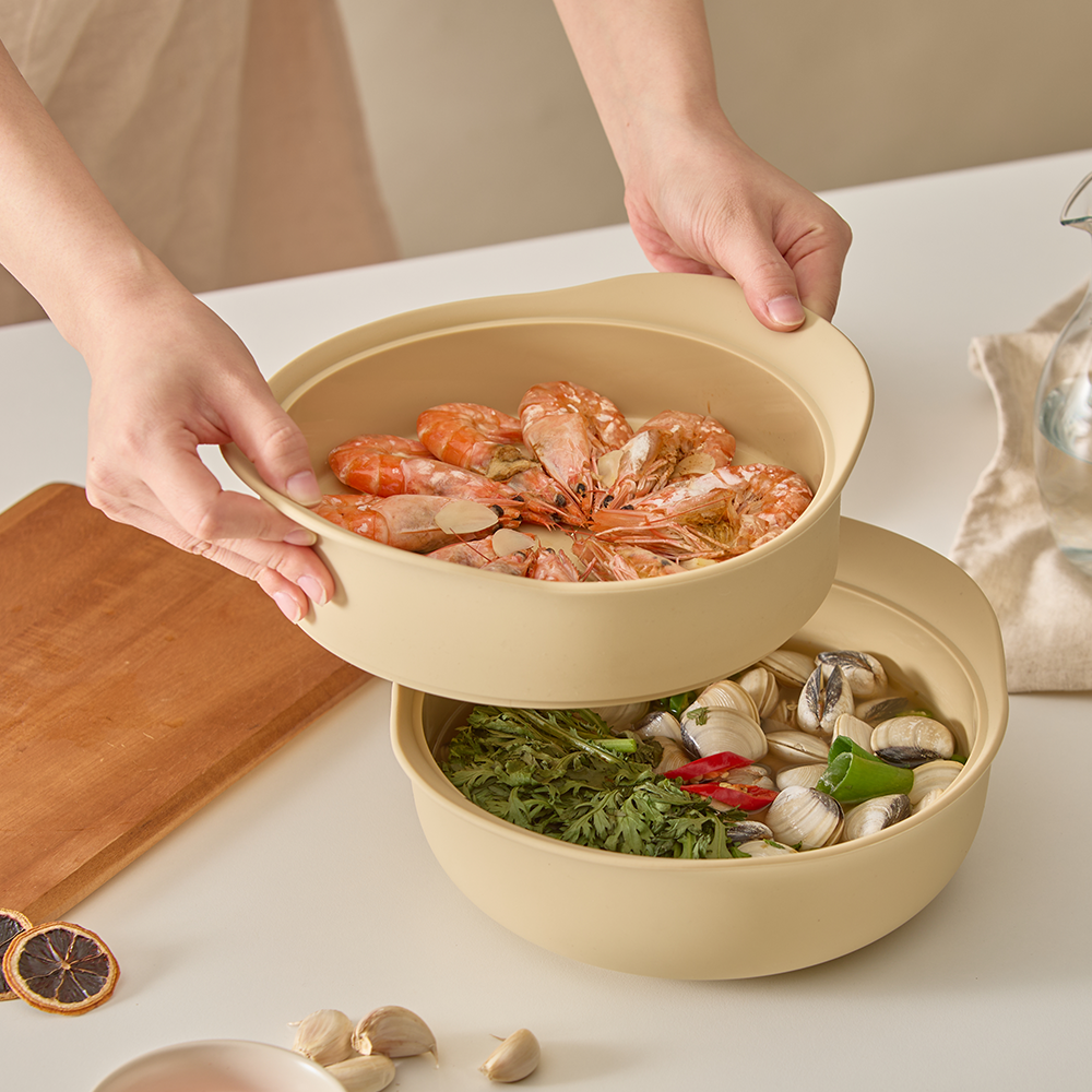 실리프랑 실리콘찜기 2단 전자레인지 야채 만두 찜기 무연마제 버터베이지 +계량스푼