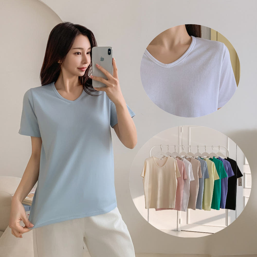 크렌 브이넥 티셔츠 유넥 반팔티 여성 흰티 기본 모달 스판 이너 봄 여름 - 상세 이미지 2