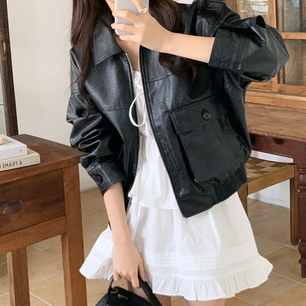 더블 포켓 카라넥 오버핏 레더 여성 가죽 자켓 하프 여자 자켓 가을 블랙 베이지 아이보리 - 메인 이미지