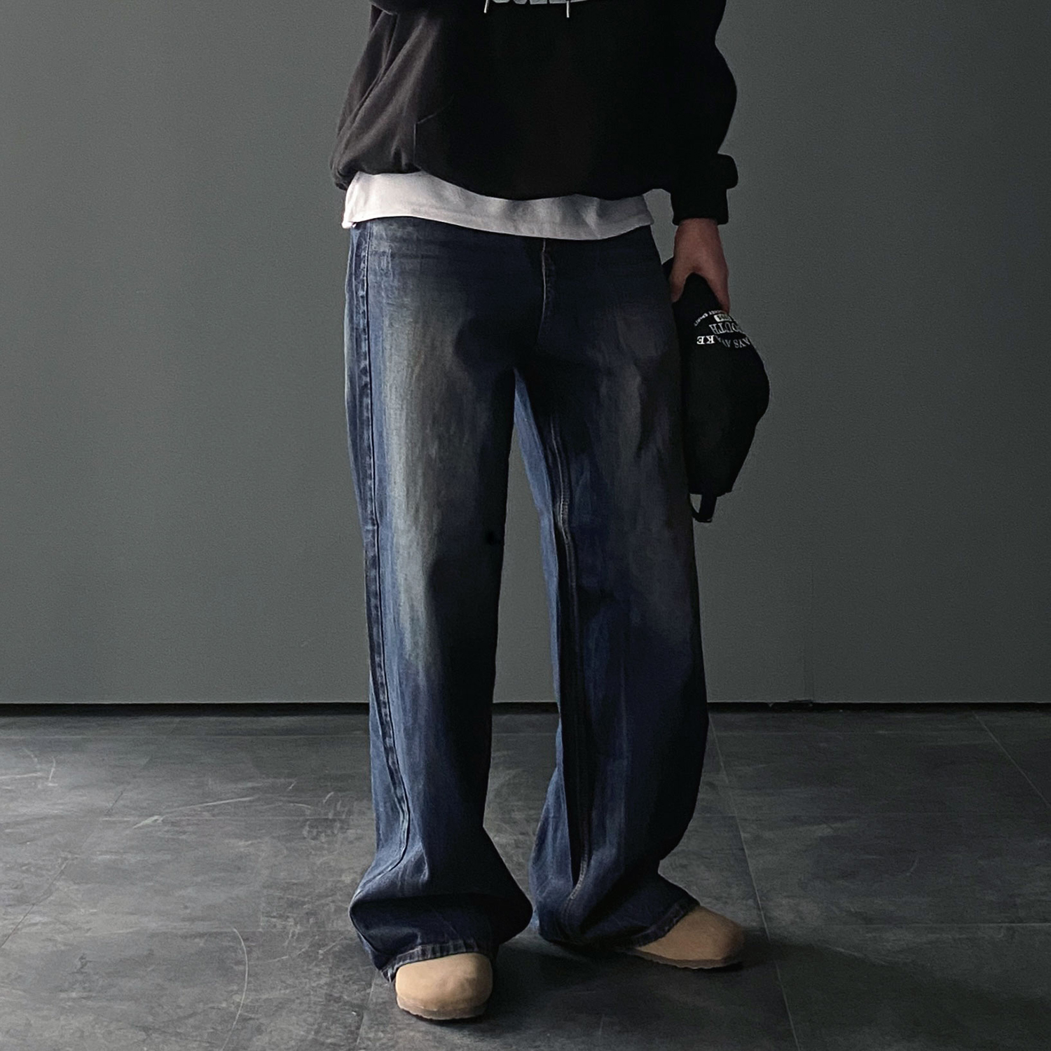 남자크랙데님 남자와이드청바지 통청바지 흑청바지 - 상세 이미지 2