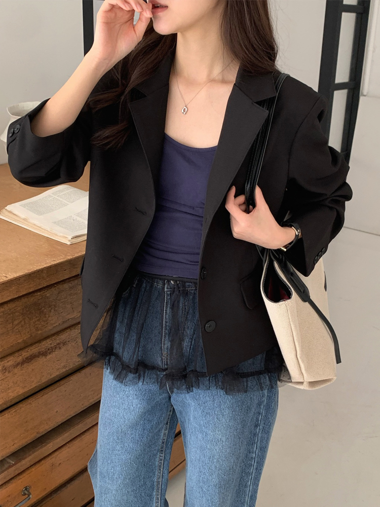 싱글 블레이저 정장 여자 자켓 숏 크롭자켓 테일러드 여성 가을 자켓 차콜 그레이 블랙 이미지 6