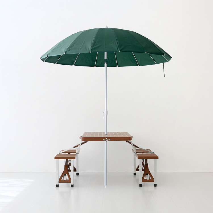INSIA 파라솔 다크그린 + 캠폴 야외 접이식테이블 4인세트 의자일체형