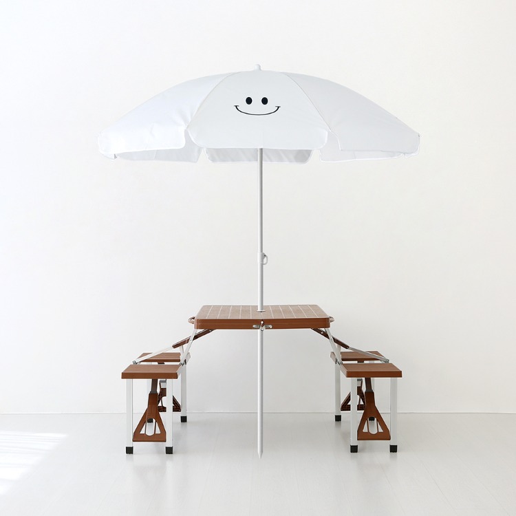 ROMIL 스마일 파라솔 베이지 + 캠폴 야외 접이식테이블 4인세트 의자일체형