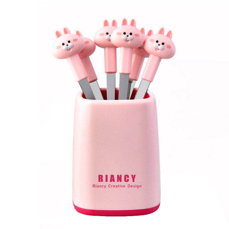 스텐 과일포크6개입 케이스포함 브라운곰 핑크토끼 택1 티 디저트 예쁜 세트 유아 동물 - 상품 이미지