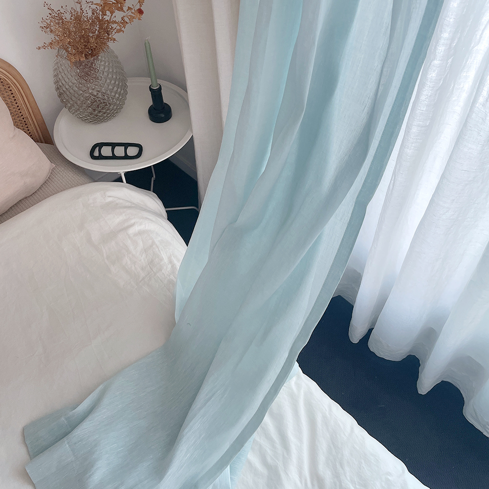 바이아미 연블루 시어 비침 볼륨 린넨 나비주름 거실 속 맞춤 커튼