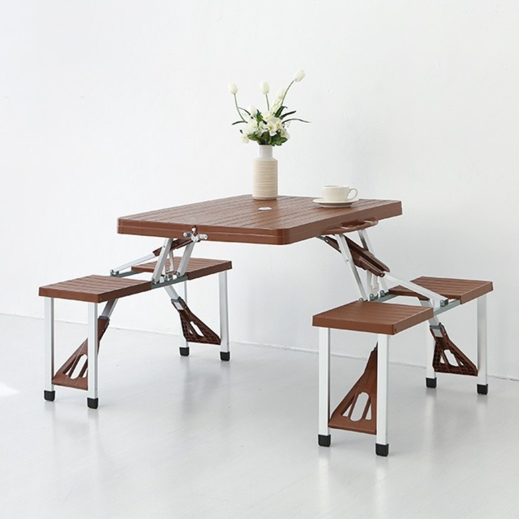 ROMIL 스마일 파라솔 베이지 + 캠폴 야외 접이식테이블 4인세트 의자일체형