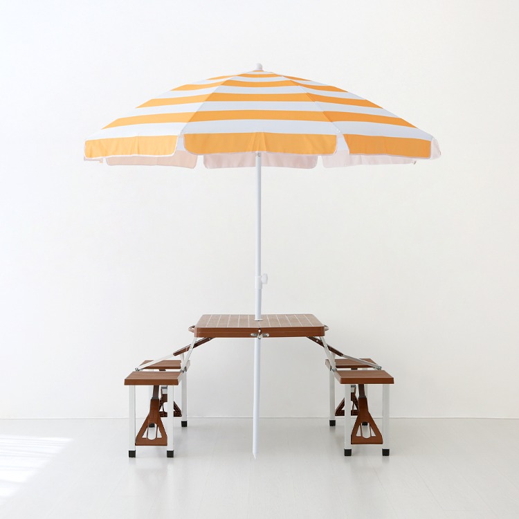 ROMIL 스마일 파라솔 옐로우스트라이프 + 캠폴 야외 접이식테이블 4인세트 의자일체형