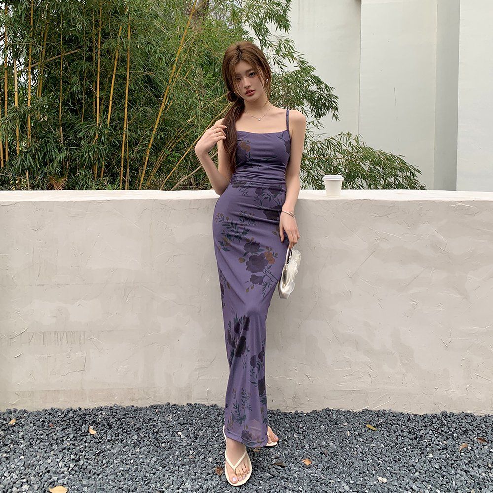 봄 여름 플라워 프린트 셔링 슬릿 슬림핏 민소매 미니 원피스 퍼플 - 상세 이미지 4