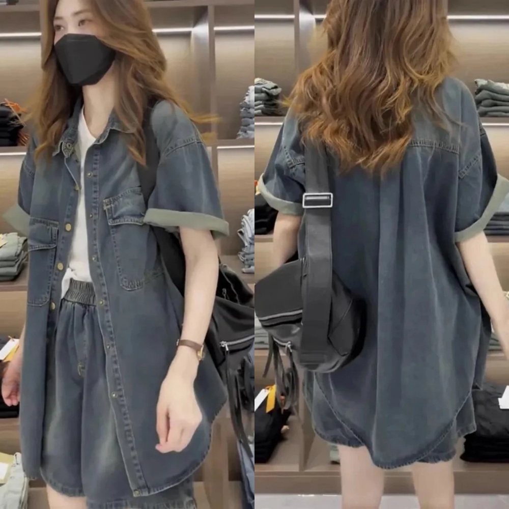 빅사이즈 데님투피스 가디건 반바지 루즈피 세트 - 메인 이미지