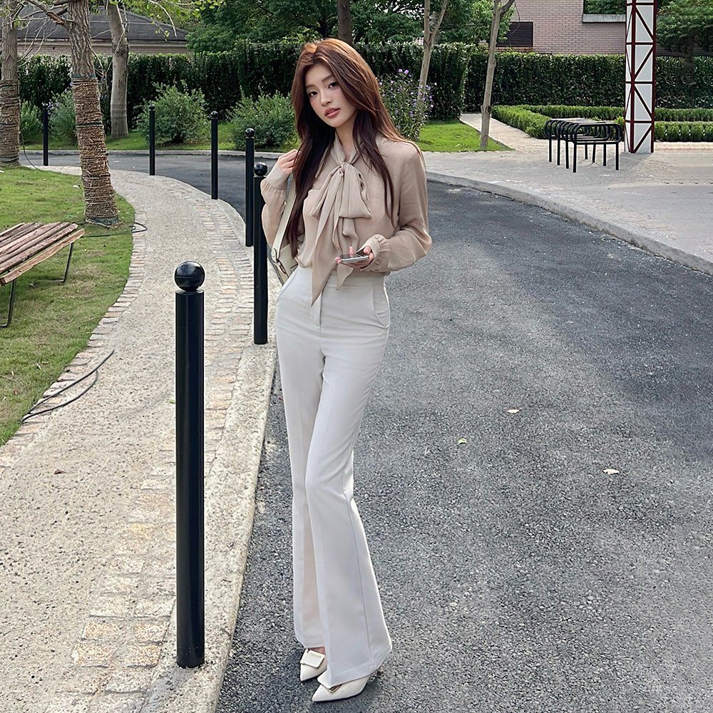 봄 가을 타이넥 루즈핏 텐셀 100 긴팔 셔츠 블라우스 오피스룩 하객룩 카키 - 상세 이미지 3